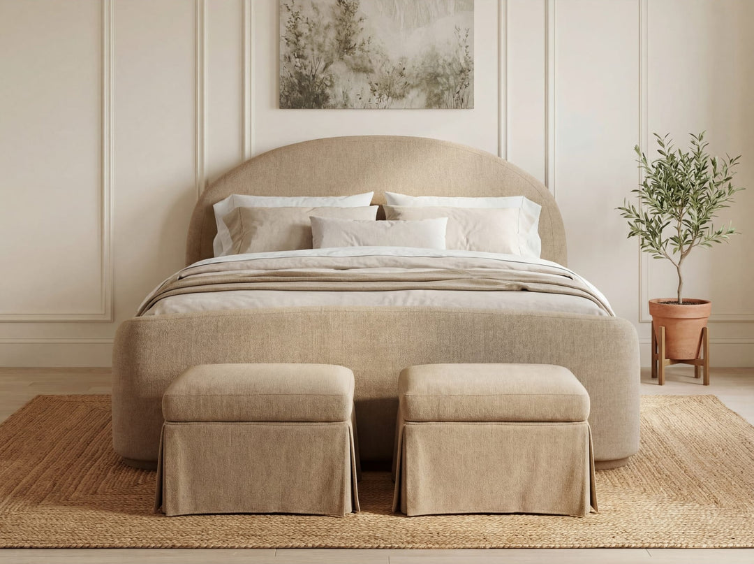 Colton Upholstered Storage Ottoman in Sourdough — in a bedroom setting