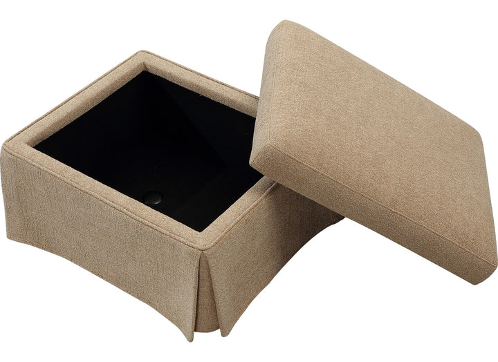 Colton Upholstered Storage Ottoman in Sourdough — with the storage lid open
