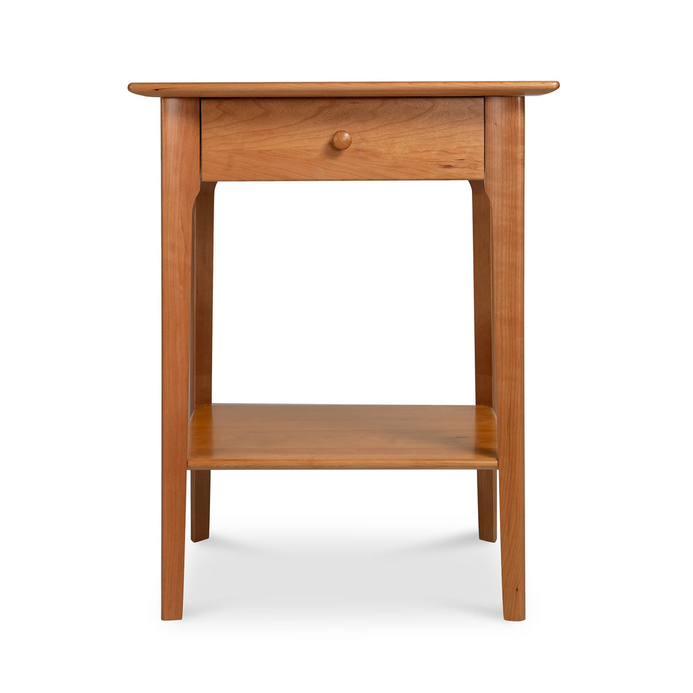 Sarah 1-Drawer Open Shelf Nightstand by Copeland Furniture made of sustainably harvested wood, showcasing a sleek design with a drawer and shelf.