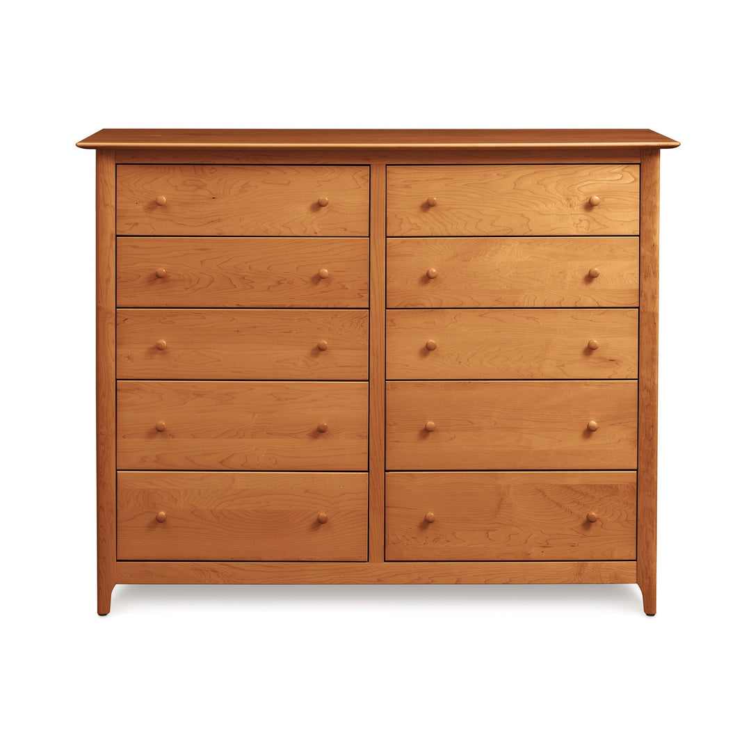 Sarah 10-Drawer Dresser by Copeland Furniture in Shaker-style design, crafted from eco-friendly wood with round knobs.