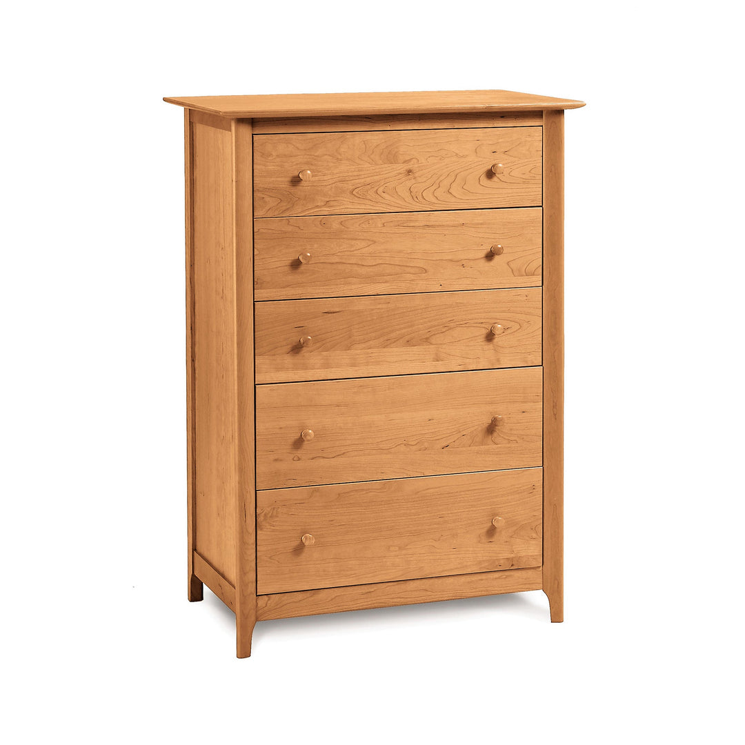 Copeland Furniture Sarah 5-Drawer Chest in eco-friendly cherry wood with round knobs and small legs.