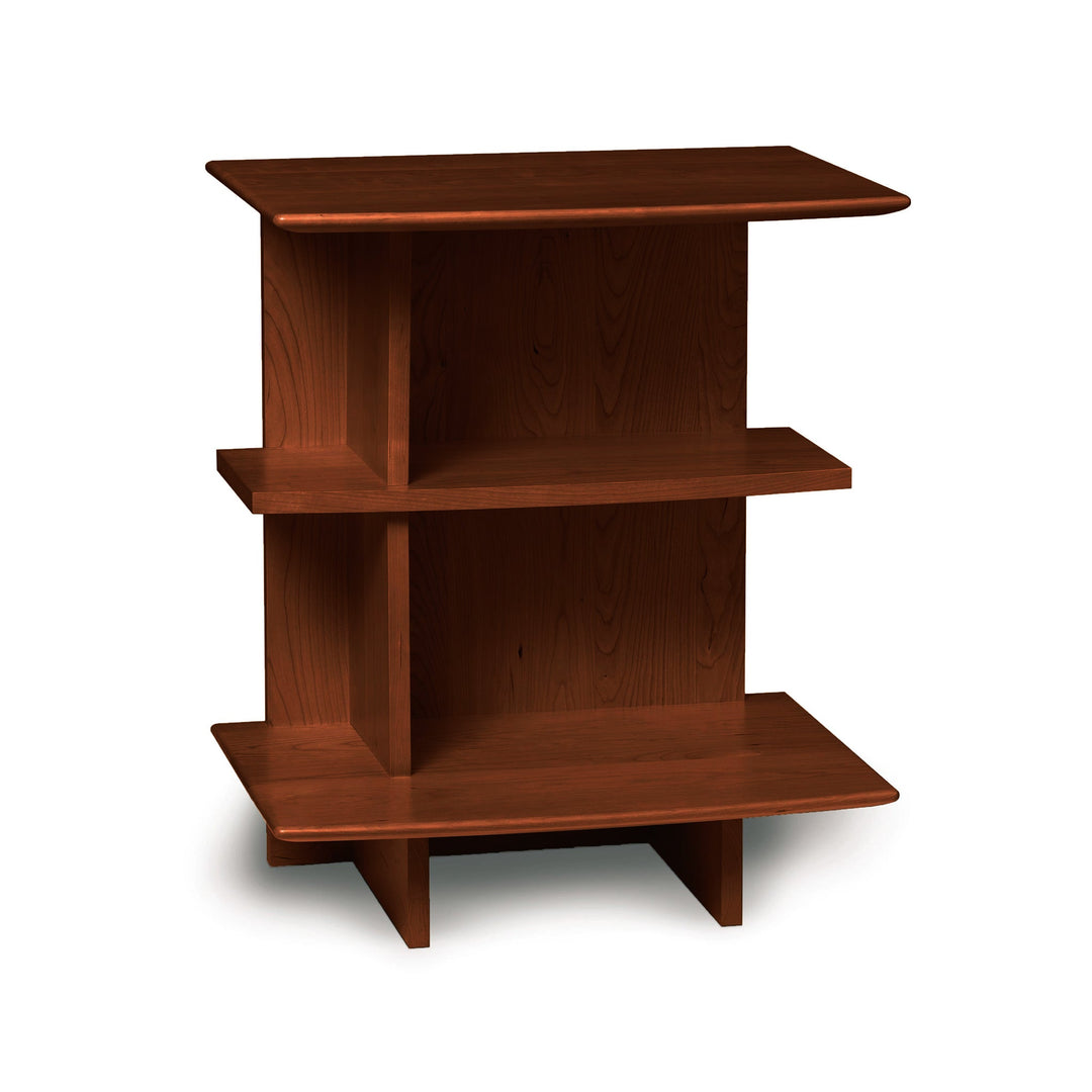 Sarah Open Shelf Nightstand by Copeland Furniture showcasing sleek design, sustainably sourced wood, and three rectangular shelves with vertical dividers.