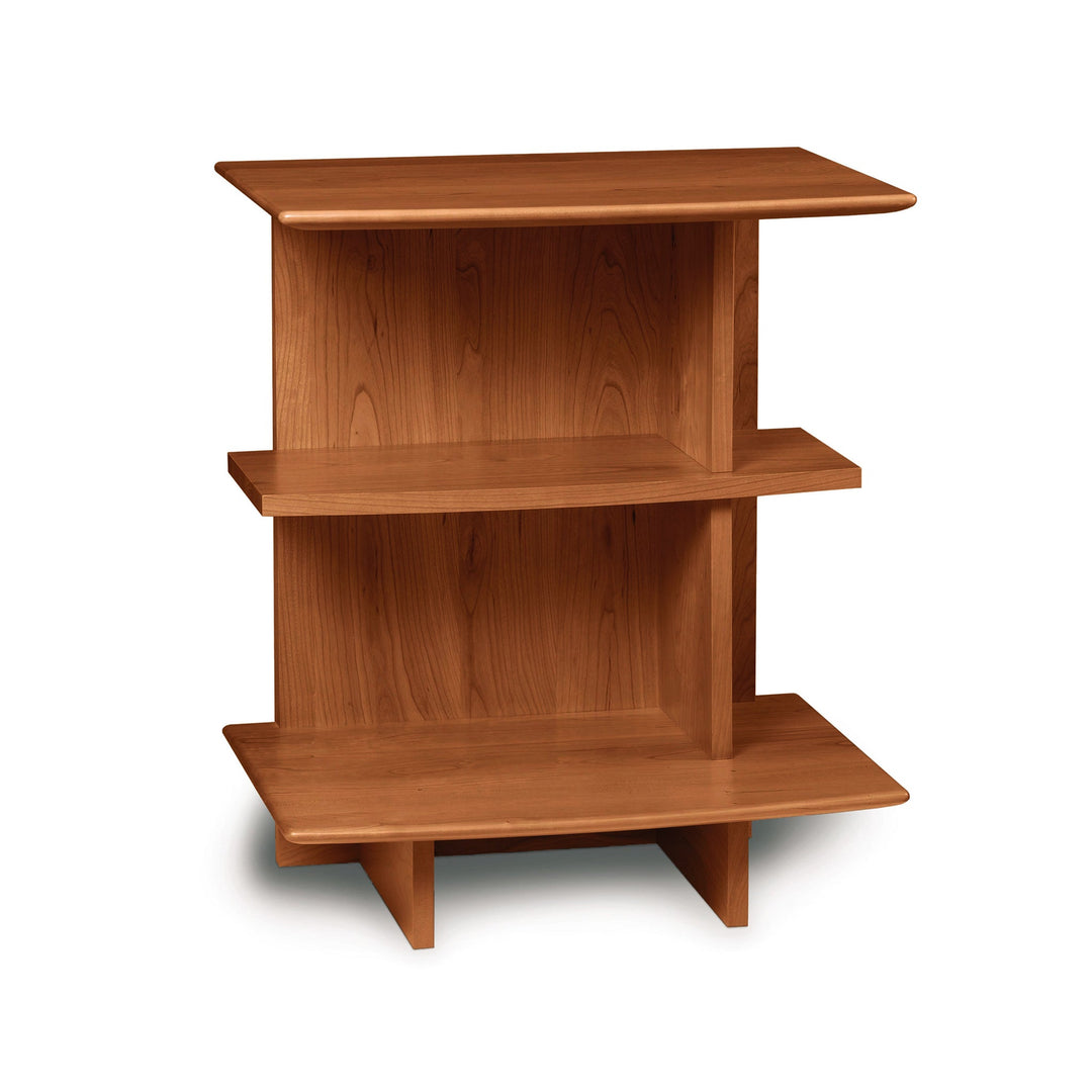 Sarah Open Shelf Nightstand by Copeland Furniture showcasing a sleek modern three-tier structure crafted from sustainably harvested woods.