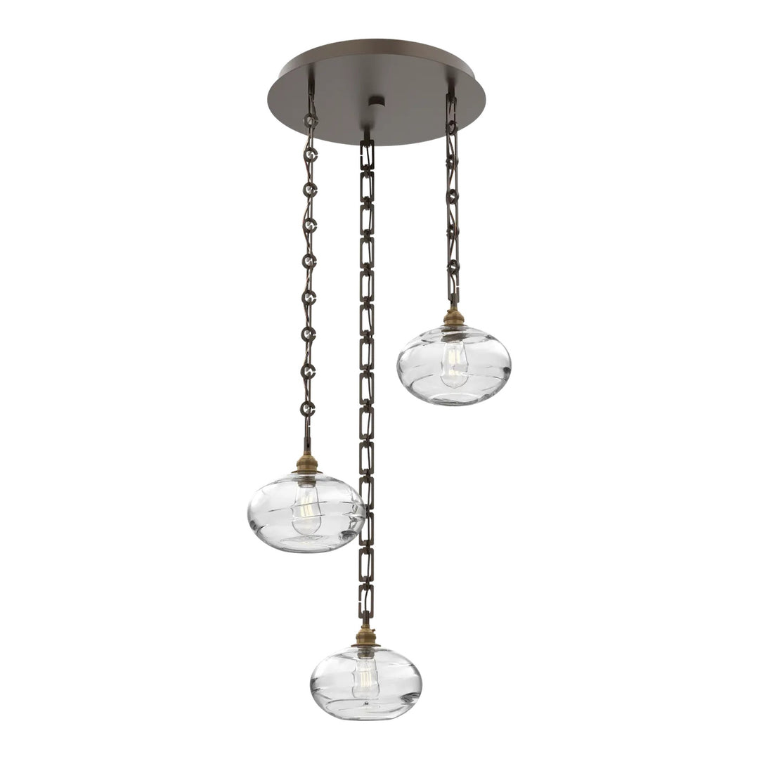 Coppa Round Pendant Chandelier by Hammerton Studio in Flat Bronze with Clear glass on Diamond Chain (3 Lights)