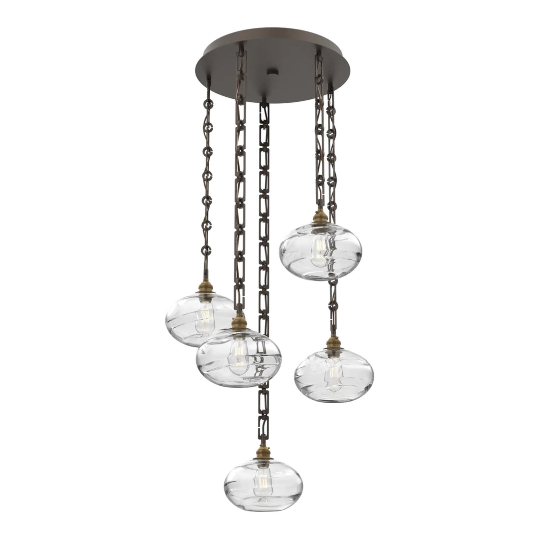 Coppa Round Pendant Chandelier by Hammerton Studio in Flat Bronze with Clear glass on Diamond Chain (5 Lights)