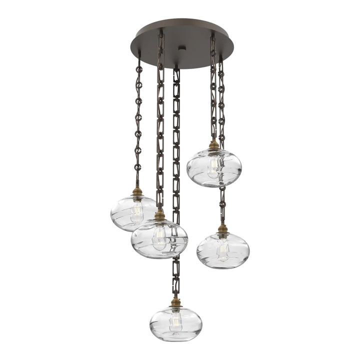 Coppa Round Pendant Chandelier by Hammerton Studio in Flat Bronze with Clear glass on Diamond Chain (5 Lights)