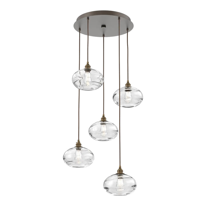 Coppa Round Pendant Chandelier by Hammerton Studio in Flat Bronze with Clear glass on adjustable cord (5 Lights)