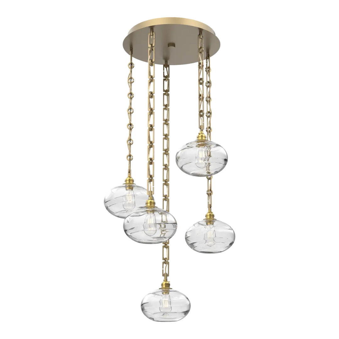 Coppa Round Pendant Chandelier by Hammerton Studio in Gilded Brass with Clear glass on Diamond Chain (5 Lights)