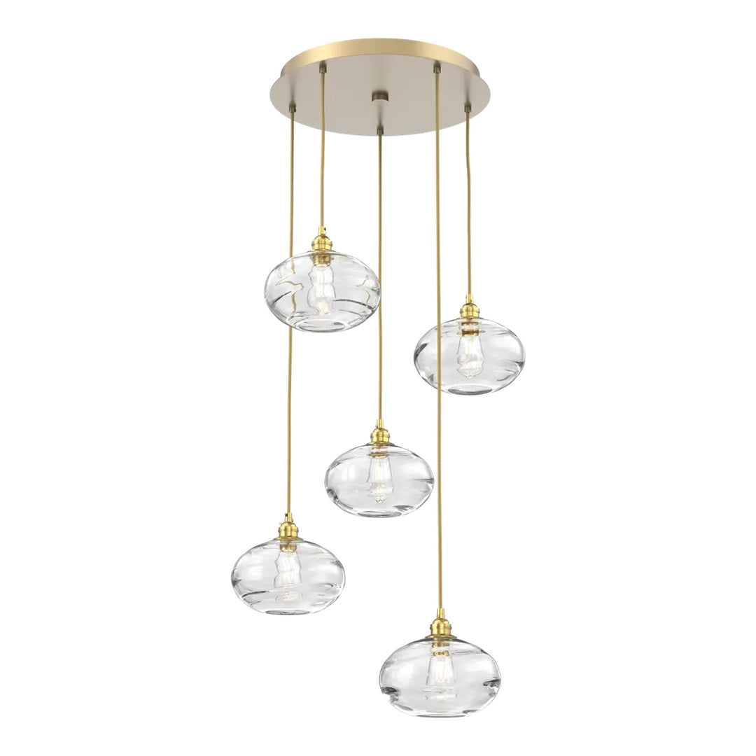 Coppa Round Pendant Chandelier by Hammerton Studio in Gilded Brass with Clear glass on adjustable cord (5 Lights)