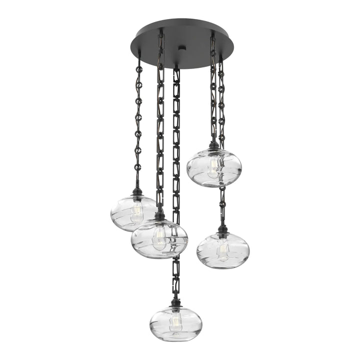 Coppa Round Pendant Chandelier by Hammerton Studio in Matte Black with Clear glass on Diamond Chain (5 Lights)
