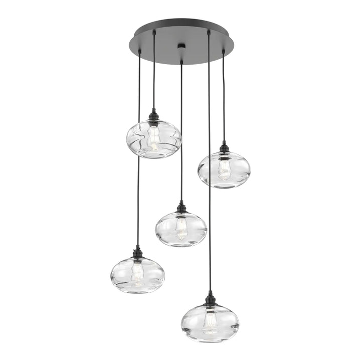 Coppa Round Pendant Chandelier by Hammerton Studio in Matte Black with Clear glass on adjustable cord (5 Lights)