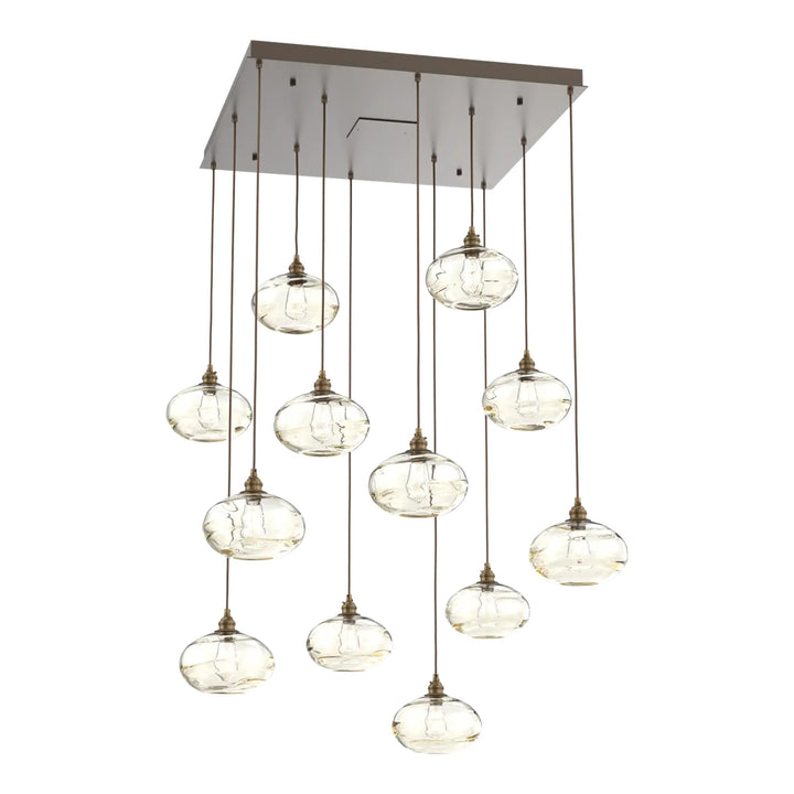 Coppa Square Pendant Chandelier by Hammerton Studio in Flat Bronze with Amber glass (12 Lights)
