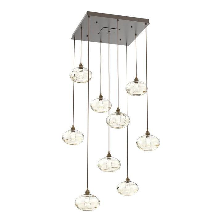 Coppa Square Pendant Chandelier by Hammerton Studio in Flat Bronze with Amber glass (9 Lights)