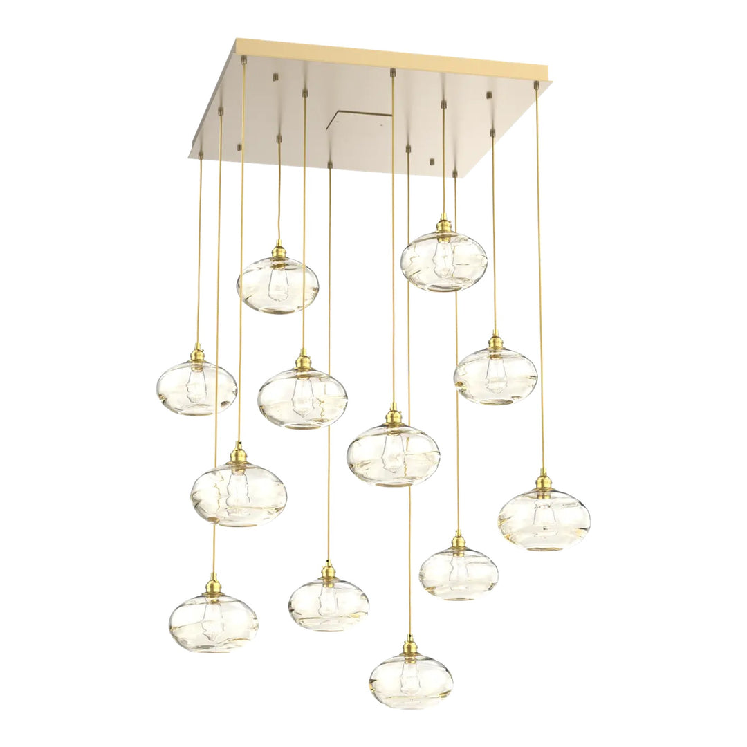 Coppa Square Pendant Chandelier by Hammerton Studio in Gilded Brass with Amber glass (12 Lights)
