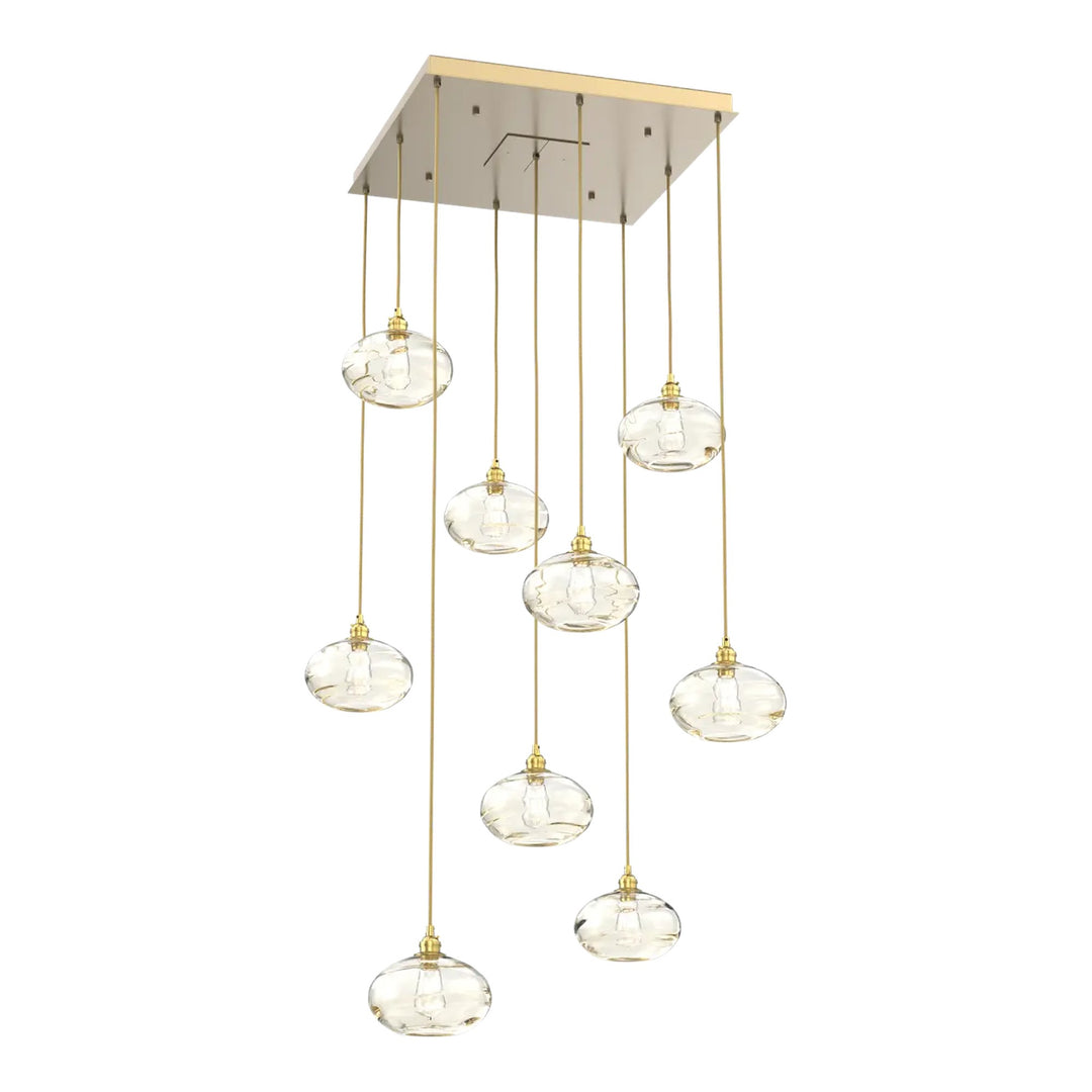 Coppa Square Pendant Chandelier by Hammerton Studio in Gilded Brass with Amber glass (9 Lights)