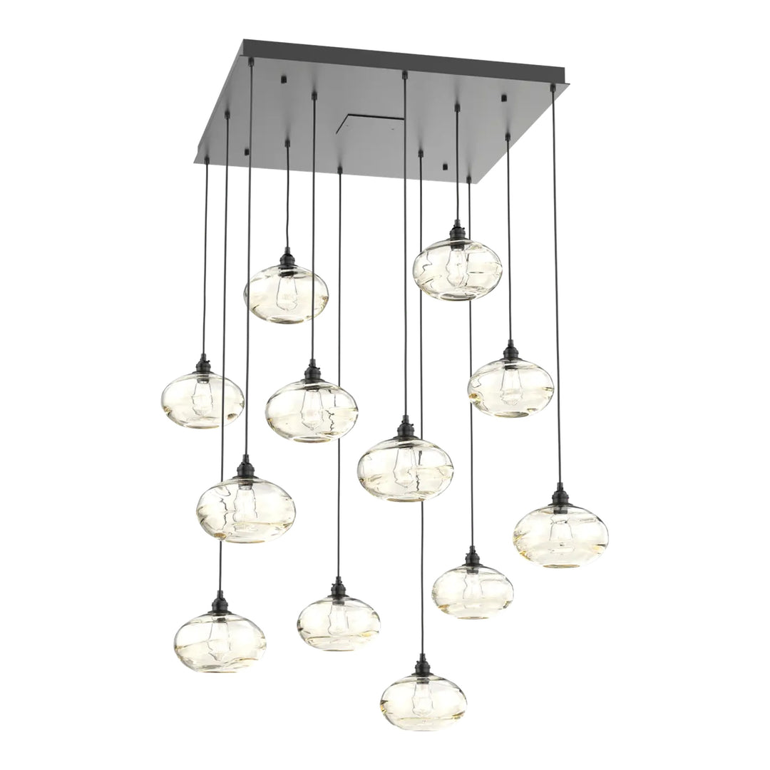 Coppa Square Pendant Chandelier by Hammerton Studio in Matte Black with Amber glass (12 Lights)