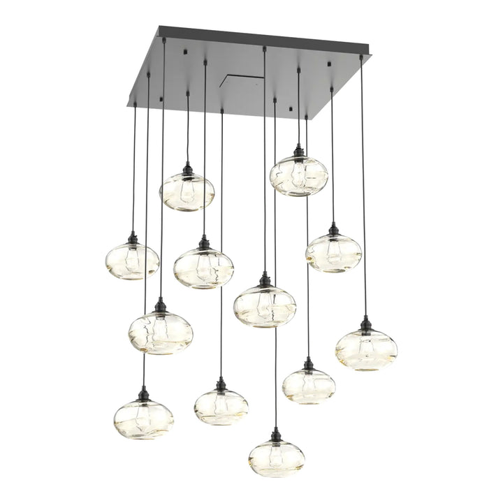Coppa Square Pendant Chandelier by Hammerton Studio in Matte Black with Amber glass (12 Lights)