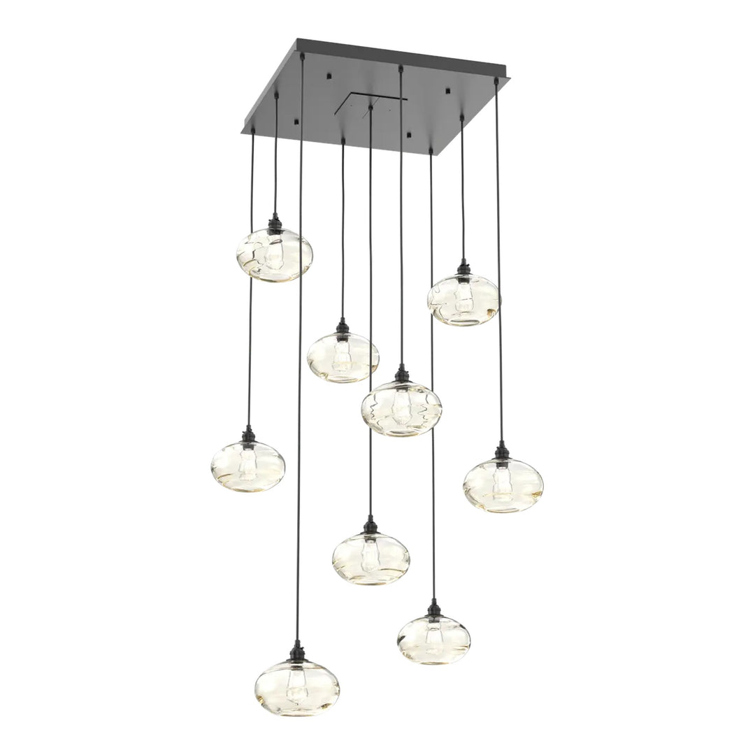 Coppa Square Pendant Chandelier by Hammerton Studio in Matte Black with Amber glass (9 Lights)