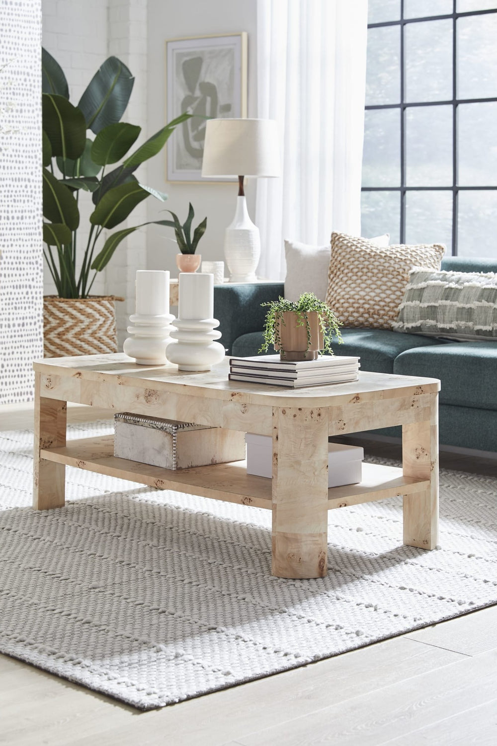 Cosmo Mappa Burl Coffee Table in Amber Kiss — lifestyle photo