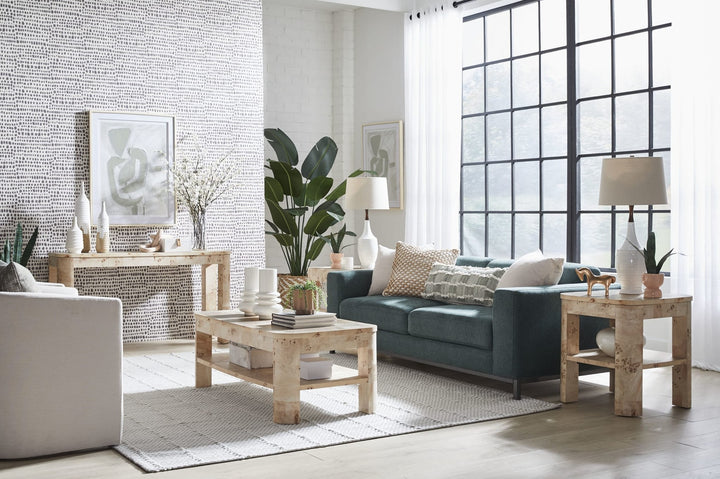 Cosmo Mappa Burl Coffee Table in Amber Kiss — lifestyle photo