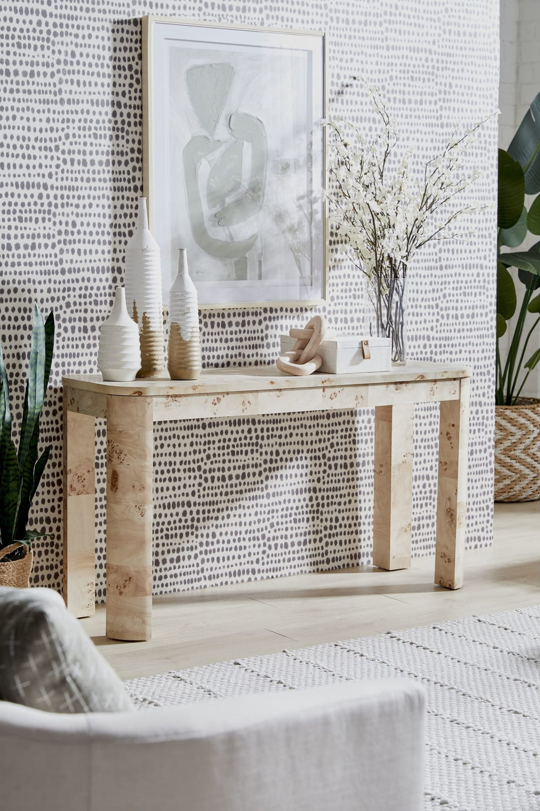 Cosmo Mappa Burl Console Table in Amber Kiss — lifestyle photo