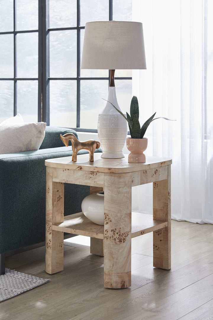 Cosmo Mappa Burl End Table in Amber Kiss — lifestyle photo
