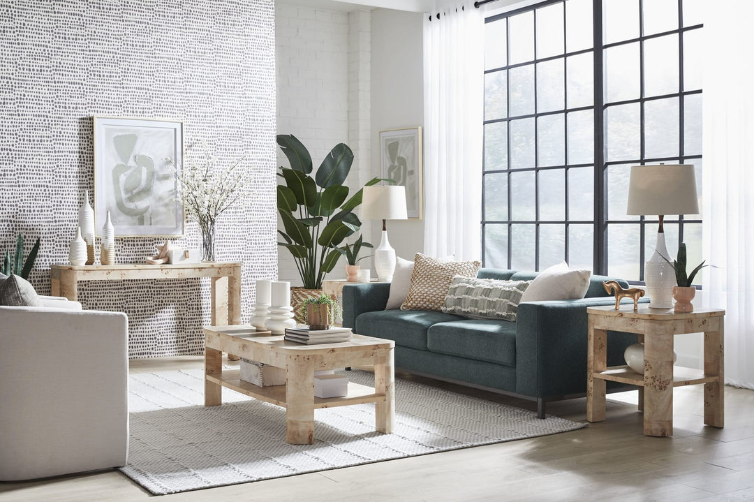 Cosmo Mappa Burl End Table in Amber Kiss — lifestyle photo