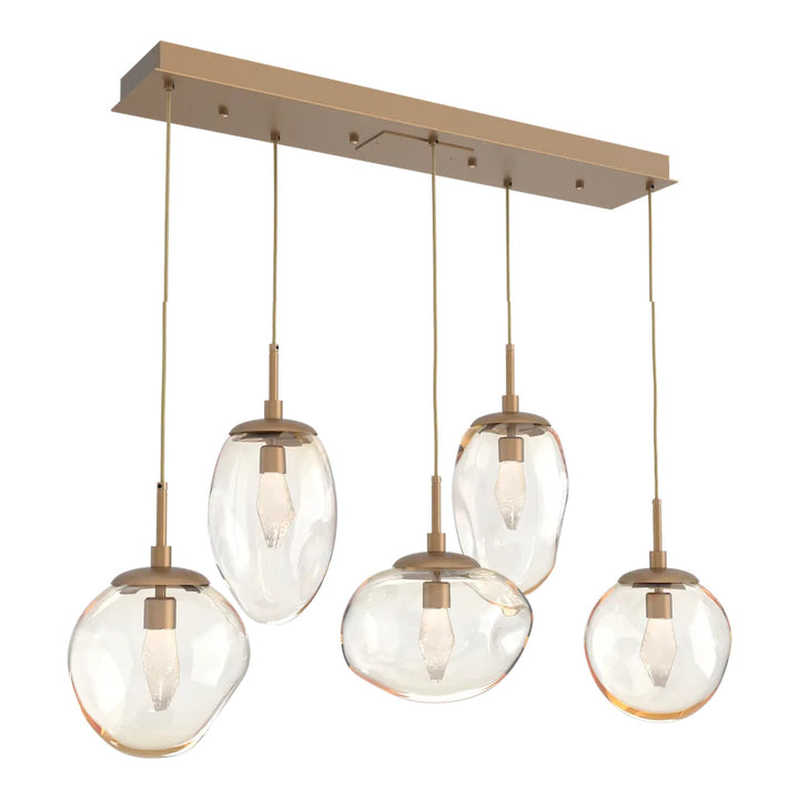 Cosmos Linear Pendant Chandelier by Hammerton Studio 5 Lights in Novel Brass with Amber glass (LED)