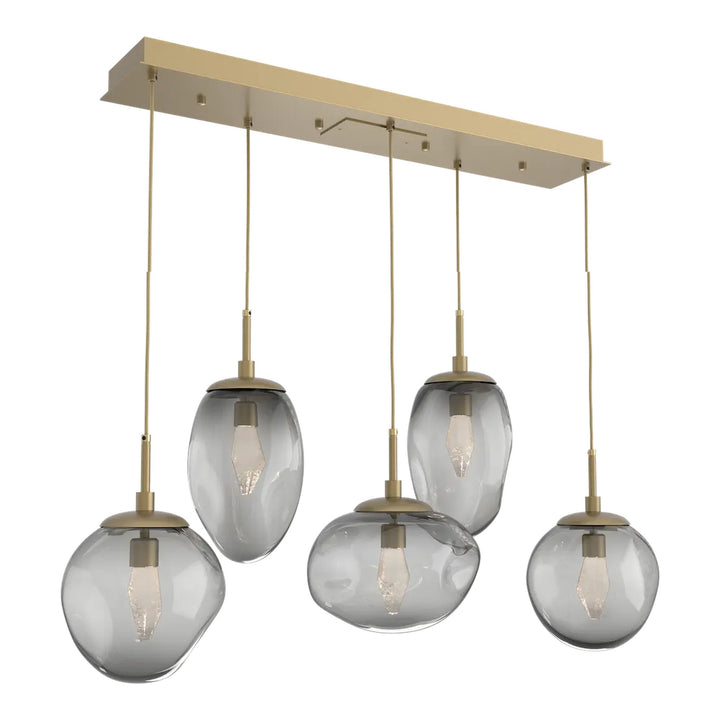 Cosmos Linear Pendant Chandelier by Hammerton Studio in Gilded Brass with Smoke glass