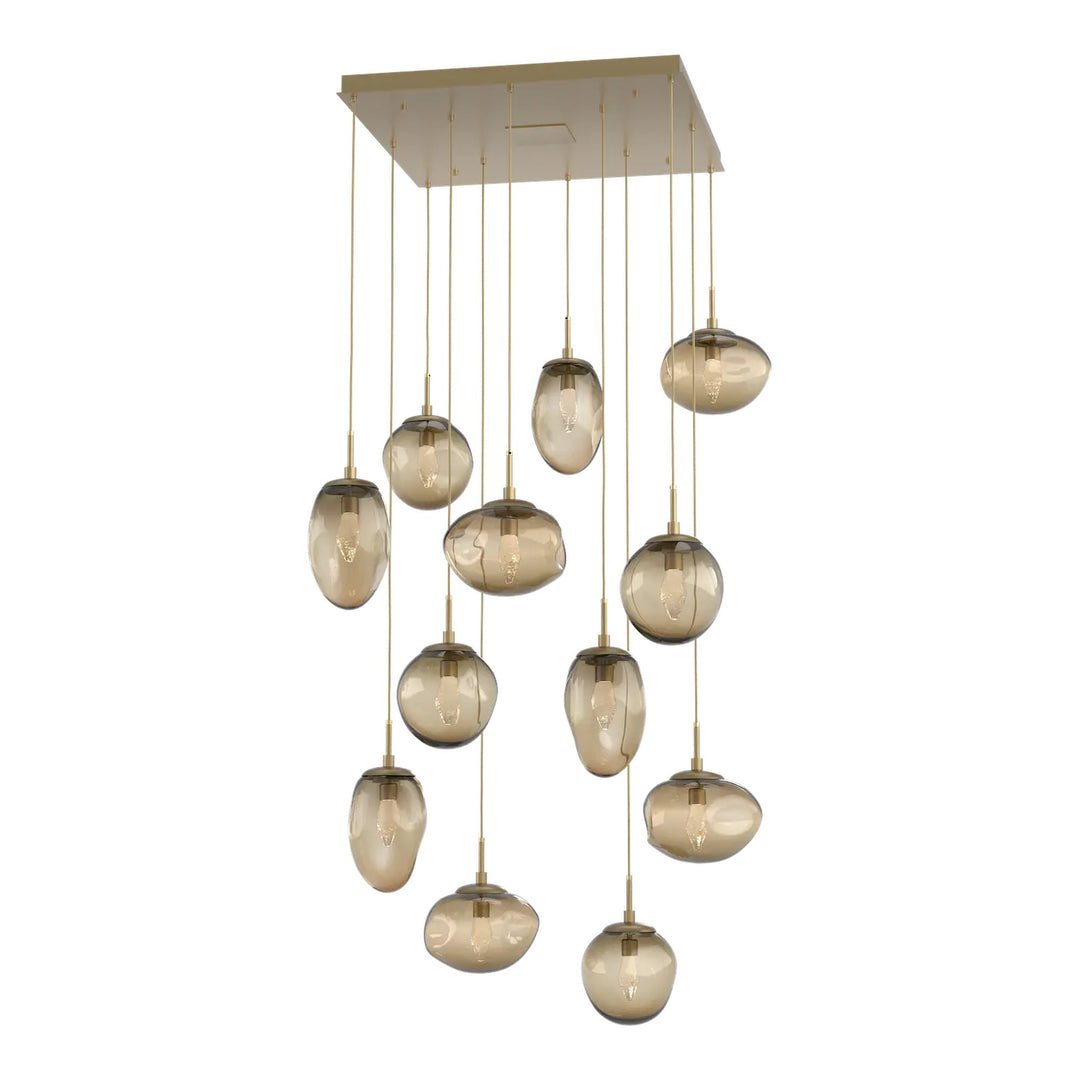 Cosmos Square Pendant Chandelier by Hammerton Studio 12 Lights in Gilded Brass with Bronze glass (LED)