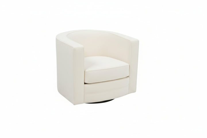 A dark brown upholstered barrel-style swivel armchair with a curved backrest and thick seat cushion, shown on a plain white background.