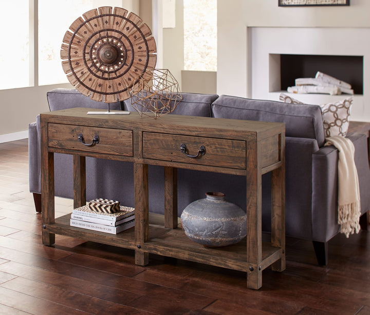 Craster Reclaimed Wood Console Table in Smoky Taupe — lifestyle photo