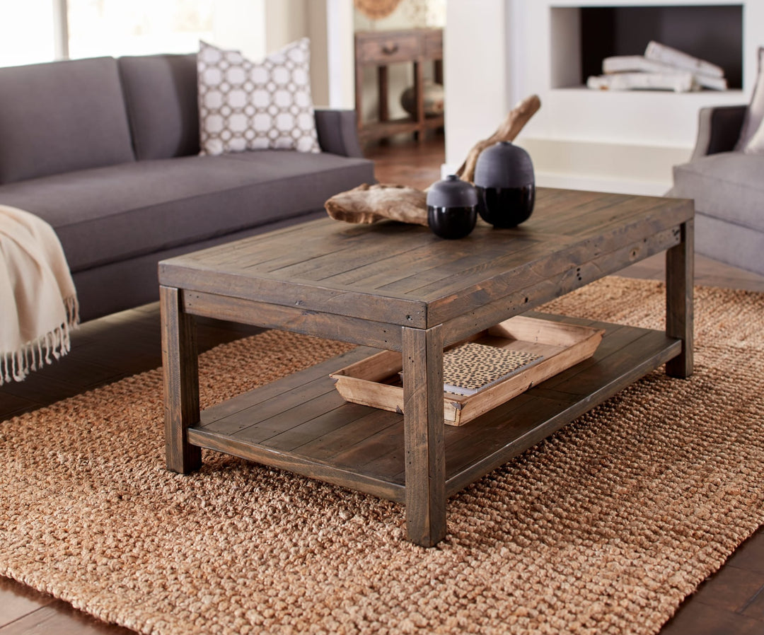 Craster Reclaimed Wood Rectangular Coffee Table in Smoky Taupe — lifestyle photo