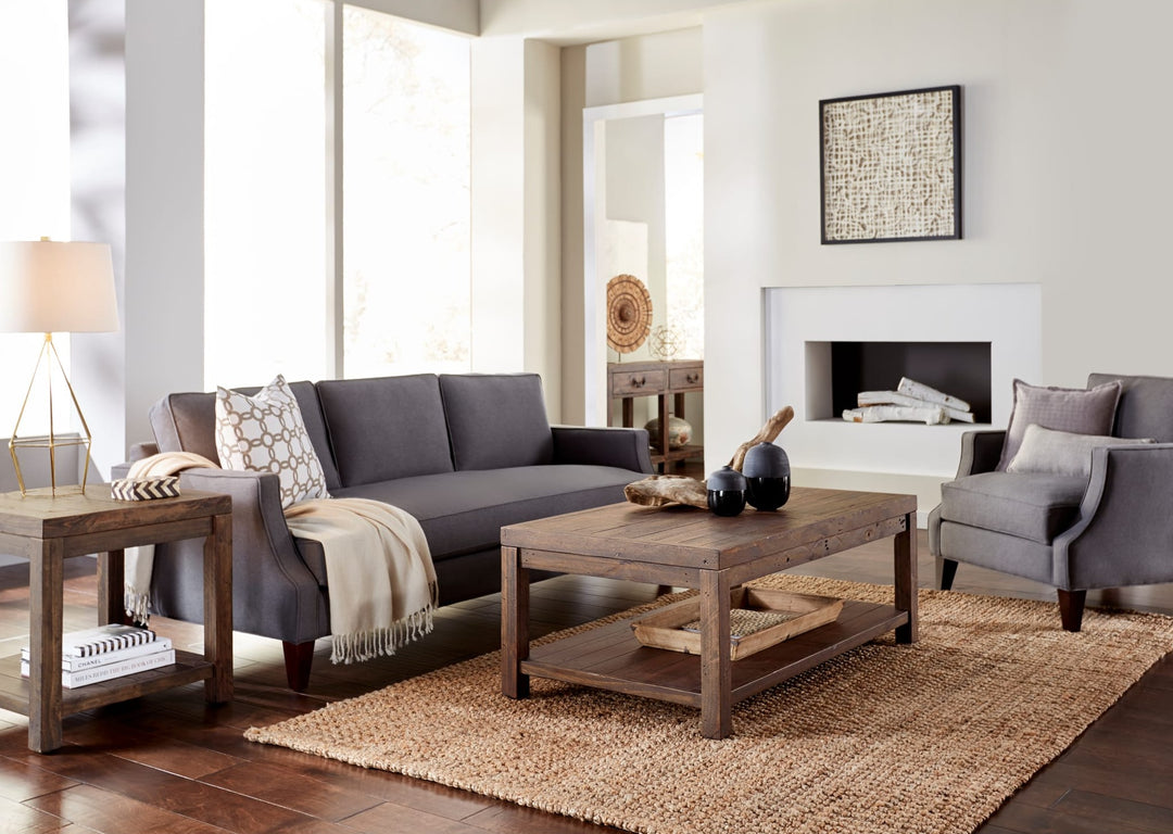 Craster Reclaimed Wood Rectangular Coffee Table in Smoky Taupe — lifestyle photo