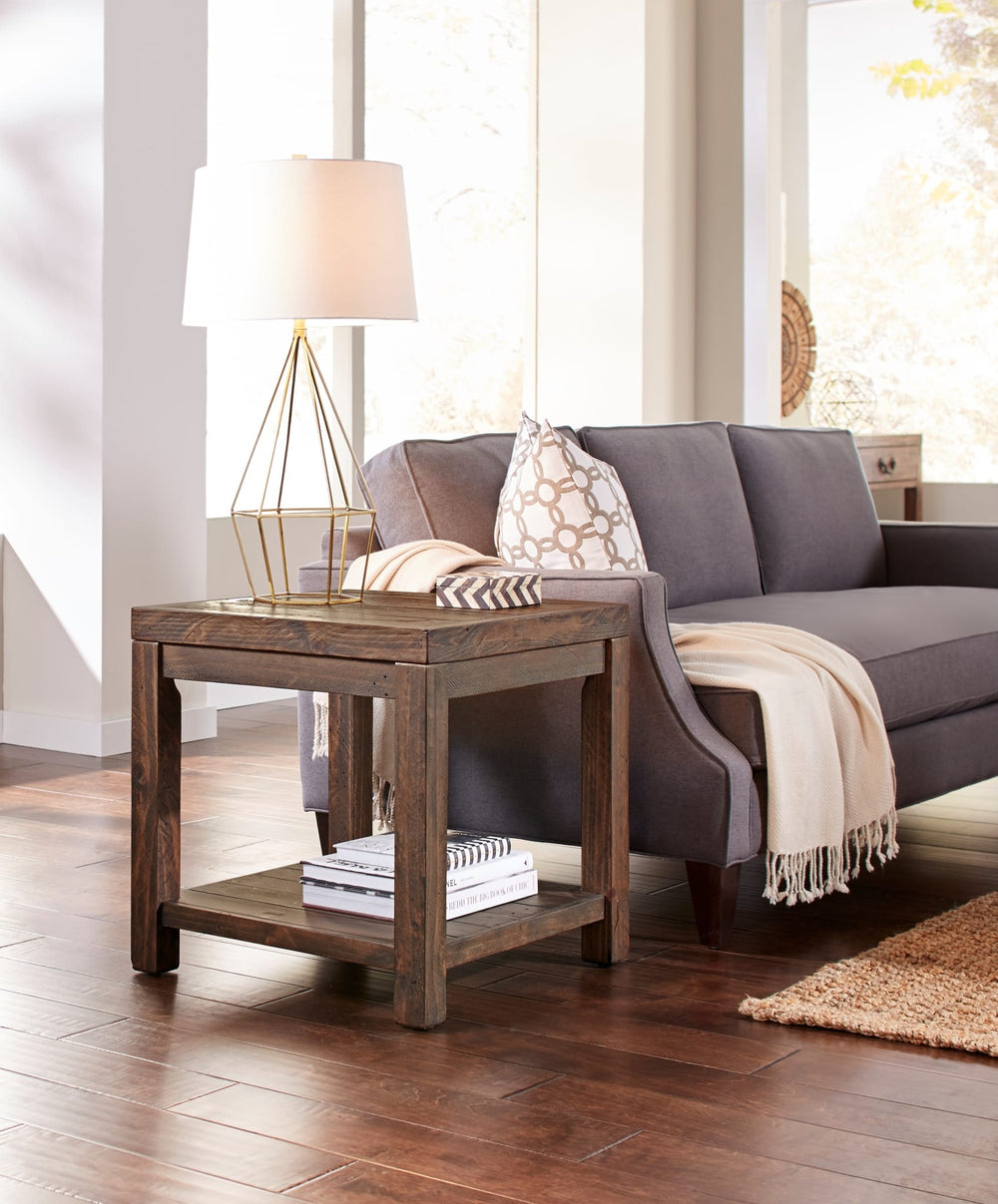 Craster Reclaimed Wood Square Side Table in Smoky Taupe — lifestyle photo