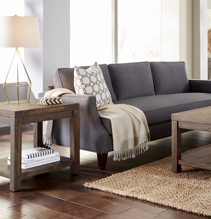 Craster Reclaimed Wood Square Side Table in Smoky Taupe — lifestyle photo