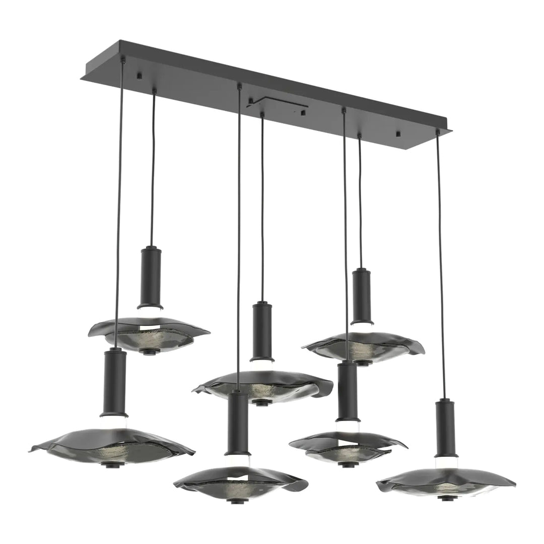 Cumulus Linear Pendant Chandelier by Hammerton Studio – 7 Lights in Matte Black with Smoke Granite Glass accent