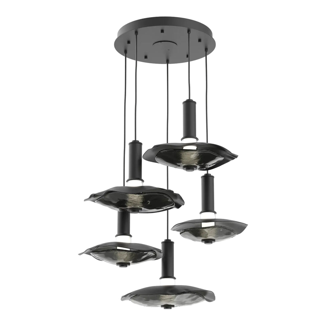 Cumulus Round Pendant Chandelier by Hammerton Studio – 5 Lights in Matte Black with Smoke Granite Glass accent