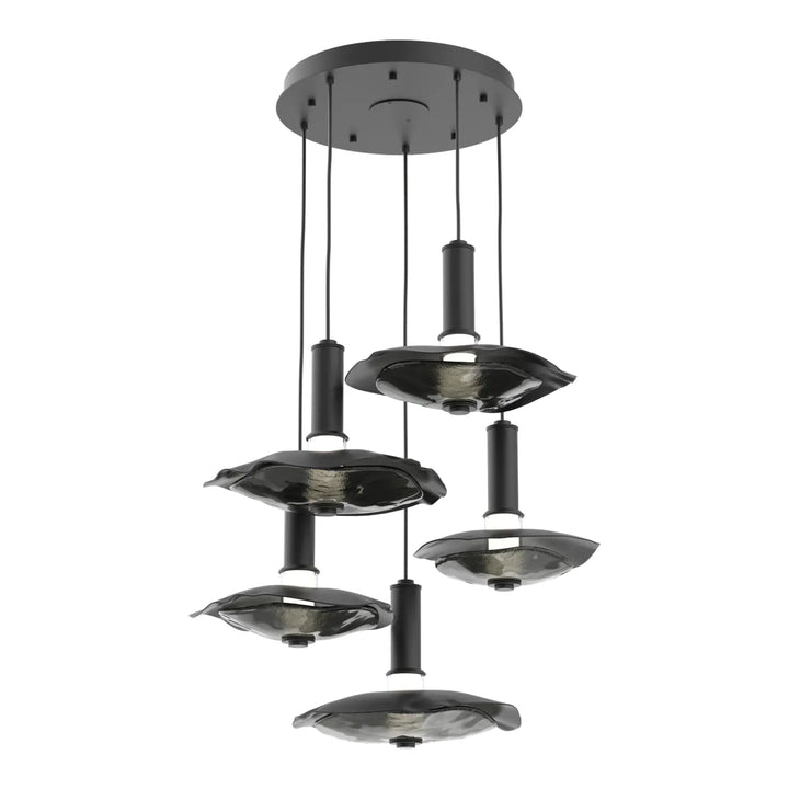 Cumulus Round Pendant Chandelier by Hammerton Studio – 5 Lights in Matte Black with Smoke Granite Glass accent