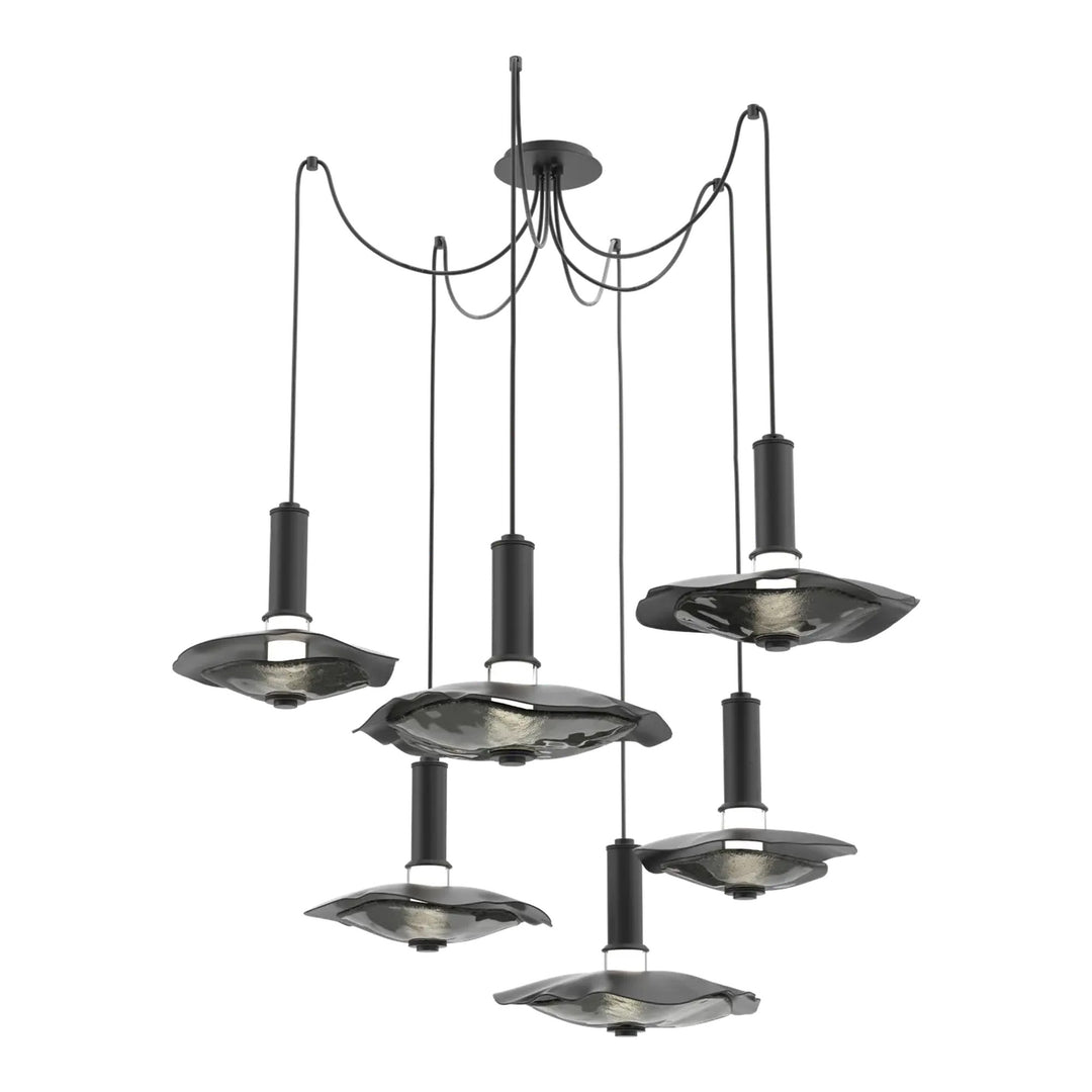 Cumulus Swag Chandelier by Hammerton Studio – 6 Lights in Matte Black with Smoke Granite Glass accent