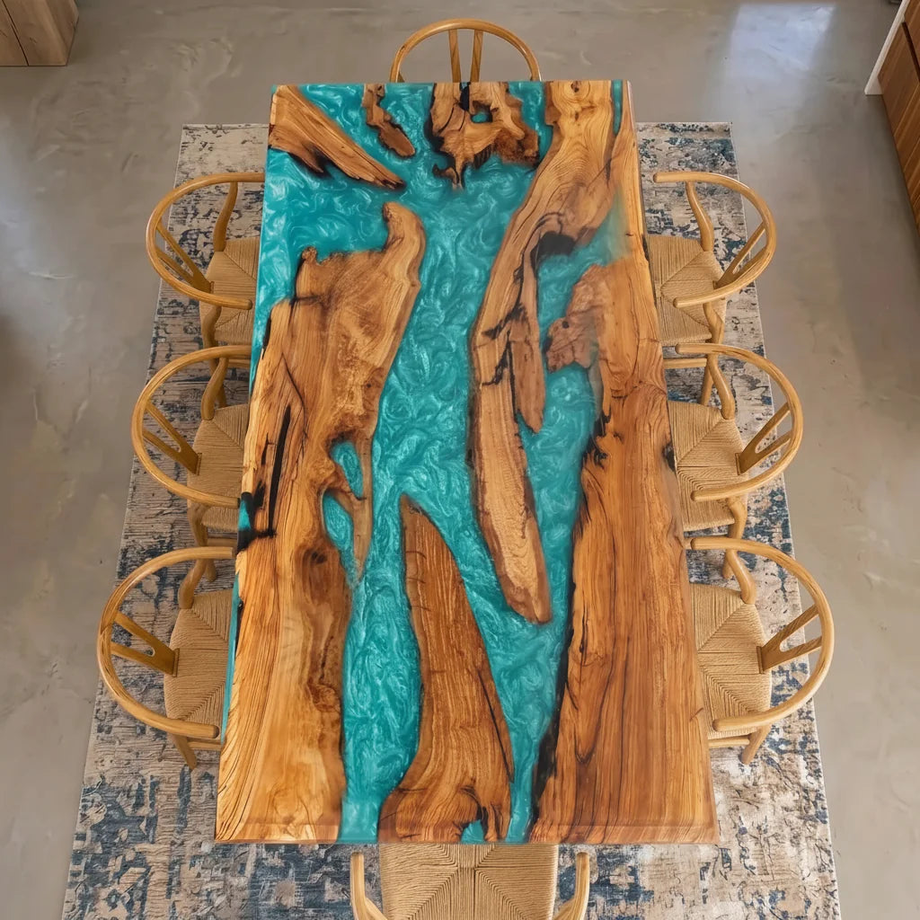 Olive Wood Turquoise River Dining Table by Thomas Dawn