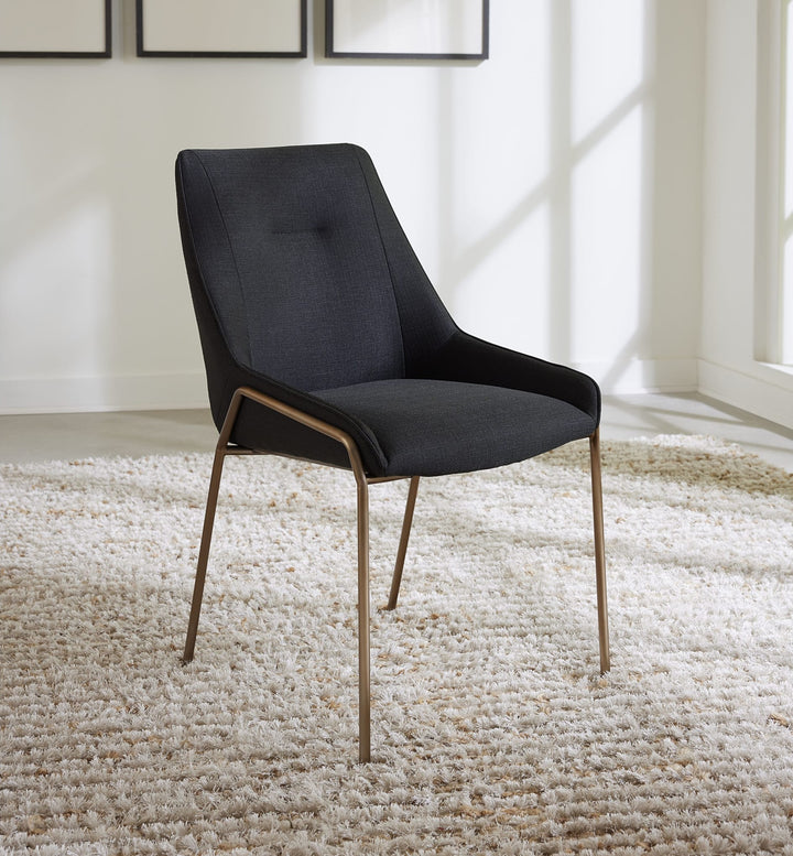 Cyrus Upholstered Dining Chair in Coal Fabric and Brushed Bronze Metal — lifestyle photo
