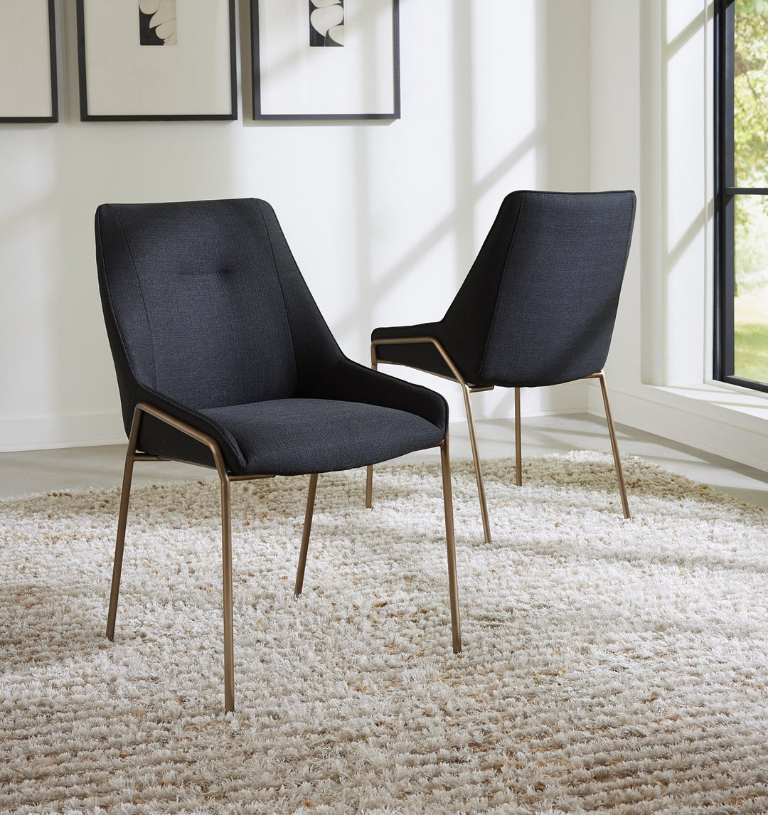 Cyrus Upholstered Dining Chair in Coal Fabric and Brushed Bronze Metal — lifestyle photo