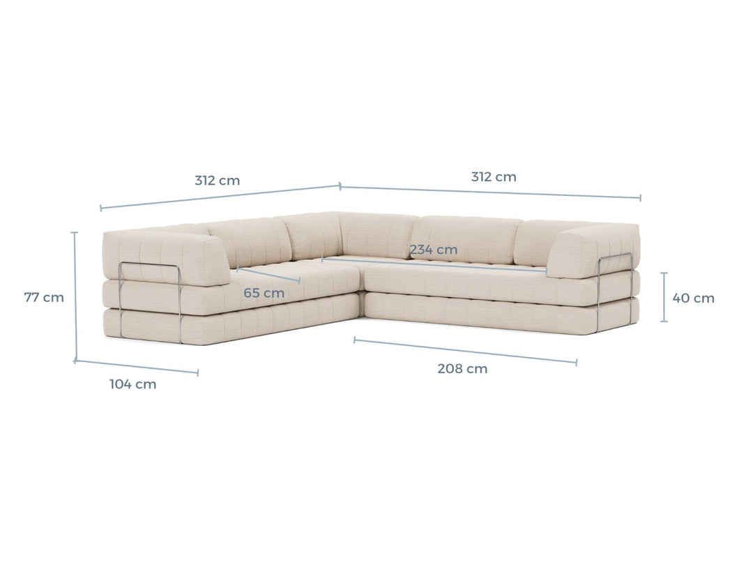 CozyPad Sleeper Sofa Corner with arms dimension drawing, sofa position
