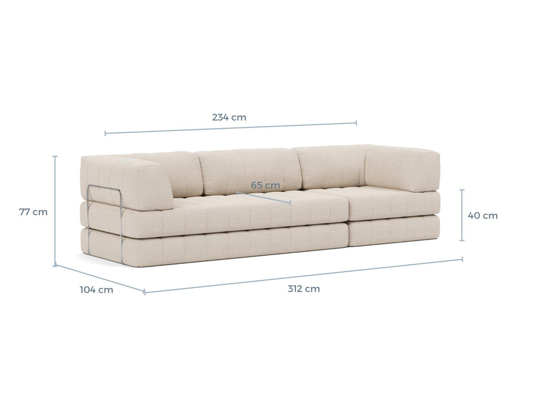CozyPad Sleeper Sofa Grand with arms dimension drawing, sofa position