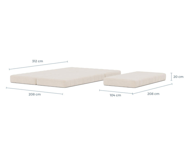 CozyPad Sleeper Sofa L-Shape with arm dimension drawing, bed position