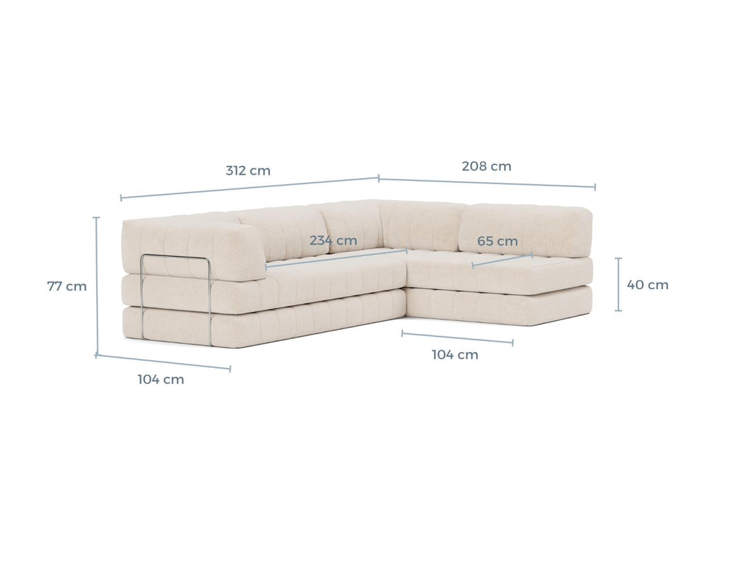 CozyPad Sleeper Sofa L-Shape with arm dimension drawing, sofa position