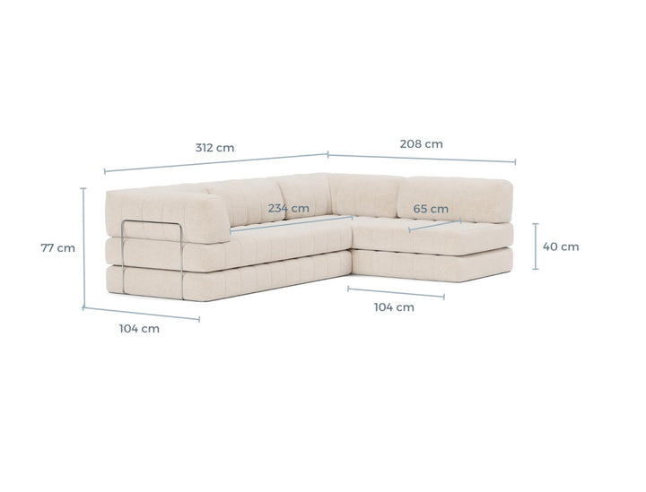 CozyPad Sleeper Sofa L-Shape with arm dimension drawing, sofa position