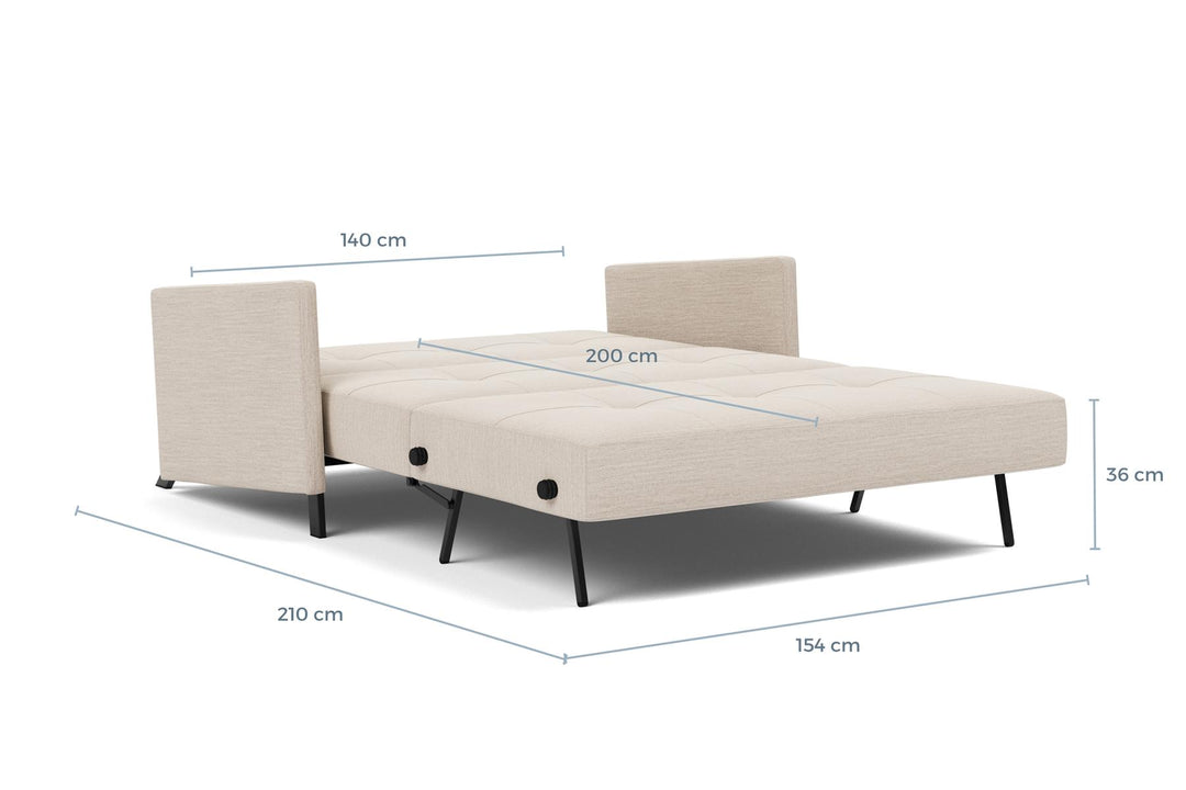 Cubed Sofa Bed with Arms dimension drawing, full size, bed position
