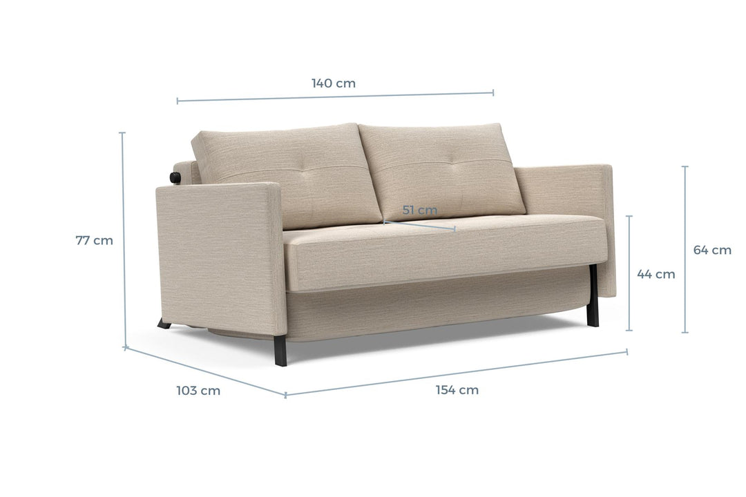 Cubed Sofa Bed with Arms dimension drawing, full size, sofa position